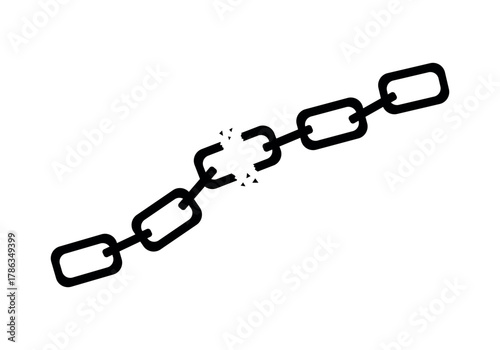 A silhouette of a broken steel chain on a white background. Black symbol of a broken chain. Concept of lost connection.