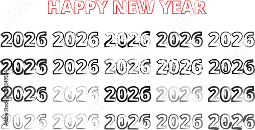 Hand Drawn Happy new year 2026 text Bundle. Brush Stroke Happy New Year 2026.