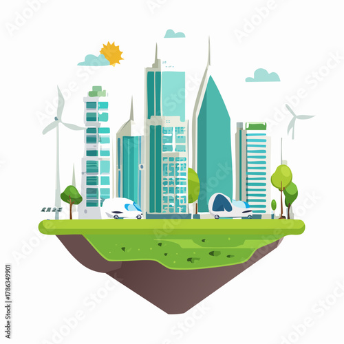 Sustainable smart city illustration on a floating island, featuring green energy, modern architecture, eco-friendly transportation, and a clean environment for futuristic urban living