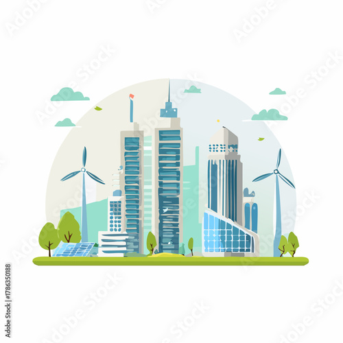 Vibrant Eco-Friendly City Skyline with Modern Buildings, Wind Turbines, and Solar Panels, Illustrating Sustainable Urban Development and Green Energy Solutions