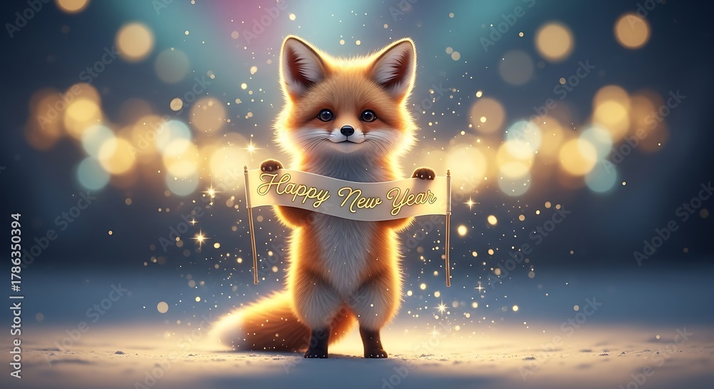 Naklejka premium A cute, fluffy fox stands on its hind legs holding a golden banner with sparkles and bokeh lights in the background, celebrating a festive occasion