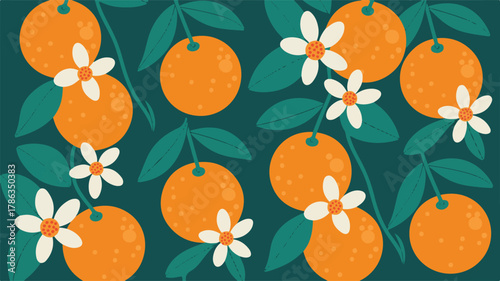 Orange Tree Branches with Fruits and Flowers Pattern