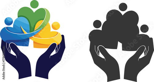 Community support hands holding people, unity concept, teamwork care, social service icon, abstract human figures, inclusive design, vector illustration