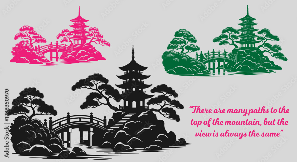 Obraz premium Pagoda silhouette with bridge and trees in various colors with quote on peace