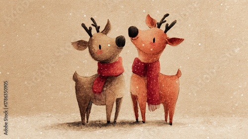 Two adorable cartoon reindeers wearing cozy red scarves stand side-by-side in a snowy landscape, radiating a festive and heartwarming holiday charm.