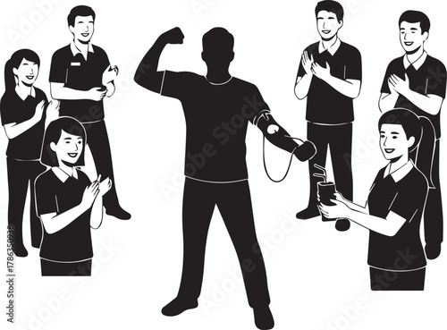 Silhouette of a confident man flexing muscles surrounded by cheering people celebrating success and achievement