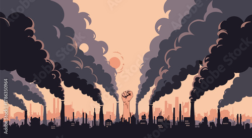 Silhouette of a city skyline with smoke stacks and a raised fist in the air