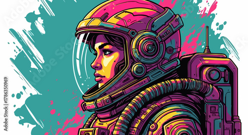 Colorful astronaut in vibrant suit with helmet against a teal splatter background