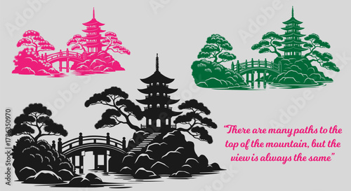 Pagoda silhouette with bridge and trees in various colors with quote on peace