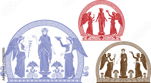 Three variations of a vintage university seal with classical figures and text