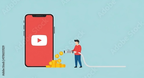 A person uses a hose to fill a giant smartphone displaying the youtube logo with gold coins