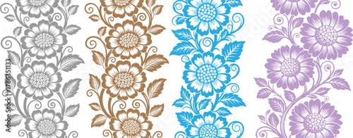 Floral pattern with decorative borders in gray brown blue and lavender hues