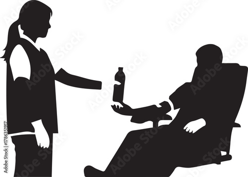 Caring gesture nurse offers drink to elderly person in wheelchair silhouette scene