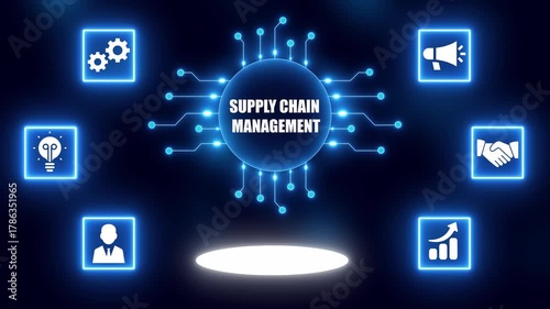 Digital concept of supply chain management with interconnected icons and glowing central hub logistics