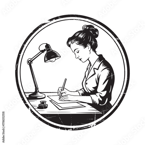 Vintage illustration of a woman working at a desk under a lamp