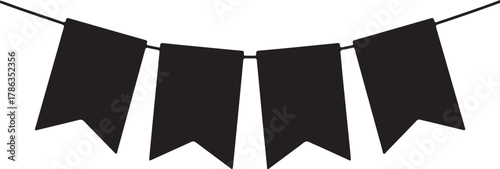 Four hanging black flag banners adorn a transparent backdrop creating a stark contrast