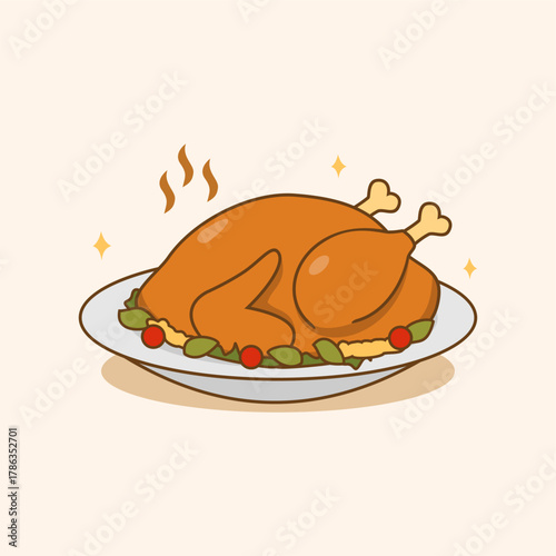 Thanksgiving Turkey Roast Chicken Illustration. Platter baked chiken fried with garnish. Food cartoon