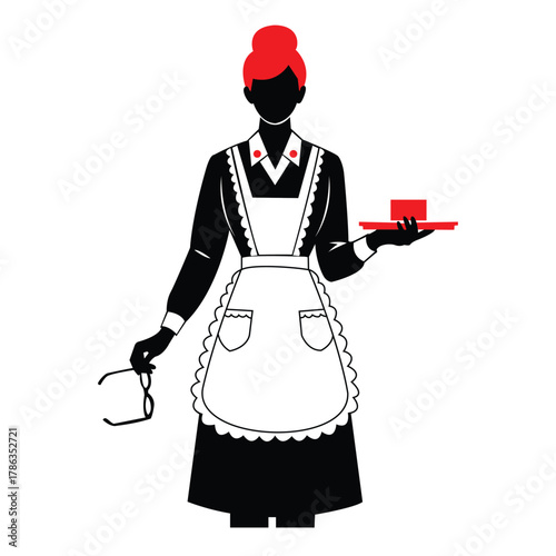 Black and white silhouette of a woman dressed as a maid or waitress, holding a tray with a red item on it.