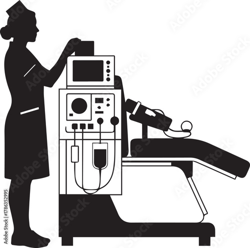 Medical professional operating advanced dialysis machine with patient chair equipment in clinic setting