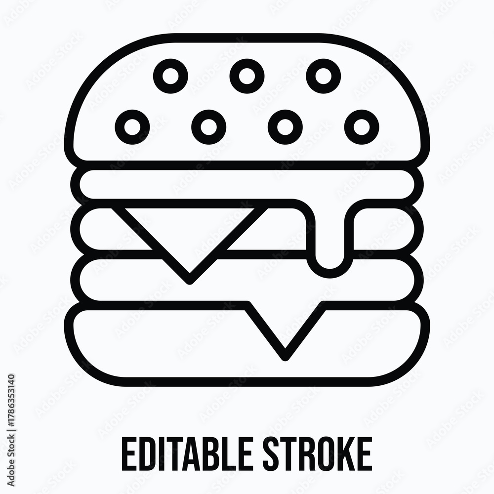 Obraz premium Juicy Cheeseburger with Lettuce Tomato and Sauce Layers Isolated Lineal Vector Icon, Editable Stroke.