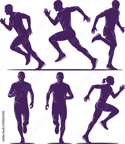 Running silhouettes in motion, athlete stride sequence, fitness training concept, dynamic sports design, human movement poses, vector illustration, track runner icon