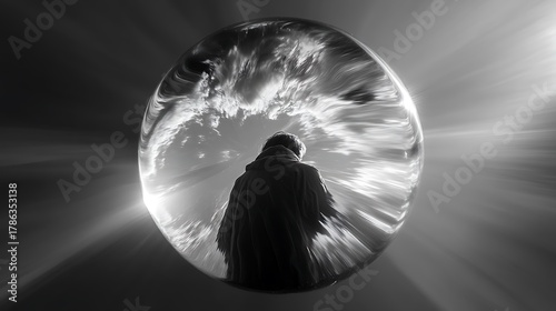 abstract sphere enclosing distorted silhouette, sense of suffocation and tension, sharp contrast, expressive composition, 
