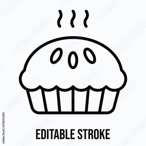 Sweet Cupcake Muffin with Cream Frosting and Sprinkles Isolated Lineal Vector Icon, Editable Stroke.