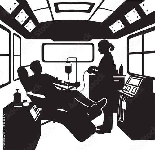 Silhouette of nurse assisting blood donor in mobile blood donation unit interior scene