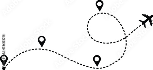 Airplane route with dotted flight path. 