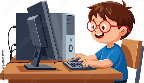 Cute cartoon boy with red glasses smiling while typing on a keyboard at his computer desk, perfect for themes of education, technology, online learning, childhood, and digital skills.