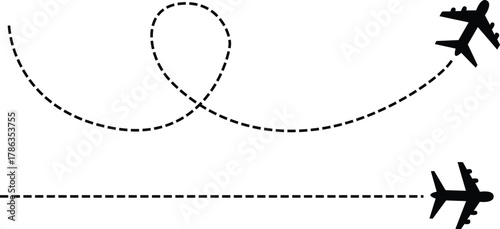 Airplane route with dotted flight path. Flying plane symbol with twisted, curved, straight and heart shape dashed trace path. Transparent png and vector illustration