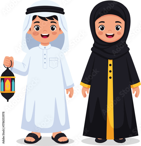 Cute cartoon boy and girl in traditional Arabic clothing, smiling happily with a decorative lantern, perfect for themes of Eid, Ramadan, cultural celebration, family, and childhood joy