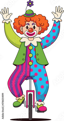 Cute cartoon clown with red hair and polka-dot suit riding a unicycle, waving happily with arms up, perfect for circus, birthday party, fun, or entertainment themes.