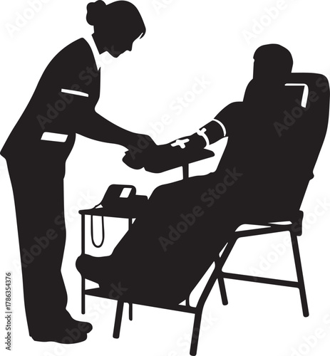 Medical silhouette nurse administering blood donation to patient in chair
