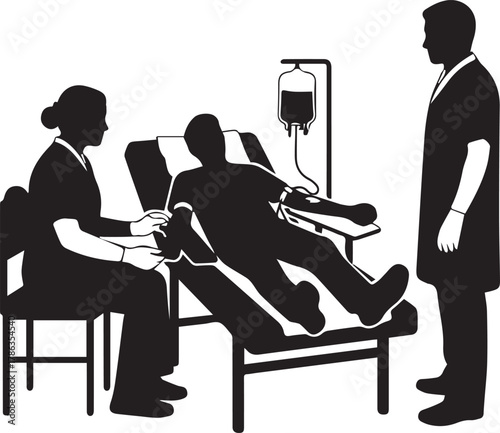 Medical professionals attend to donor giving blood in a chair with iv bag and equipment