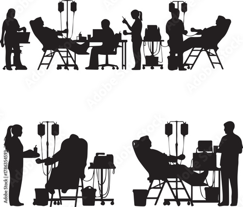 People silhouettes donating blood in medical setting with iv drips and equipment