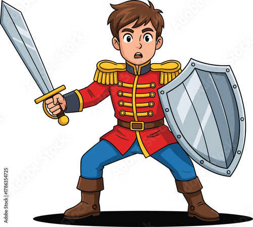 Cute cartoon prince or knight in red royal uniform with gold epaulets, wielding a sword and shield in a heroic stance, perfect for fairy tale, fantasy, adventure, and childhood hero themes.