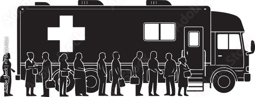 Mobile medical clinic silhouette diverse people gathered ready for healthcare services outdoors