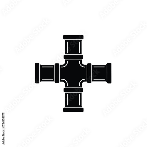 Black pipe fitting cross junction on white background