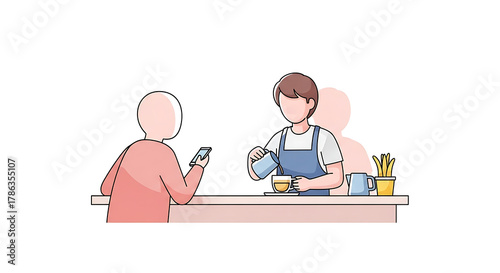 A friendly barista serving a customer who is engrossed in their mobile phone at a cozy coffee shop counter, illustrating a common modern social interaction