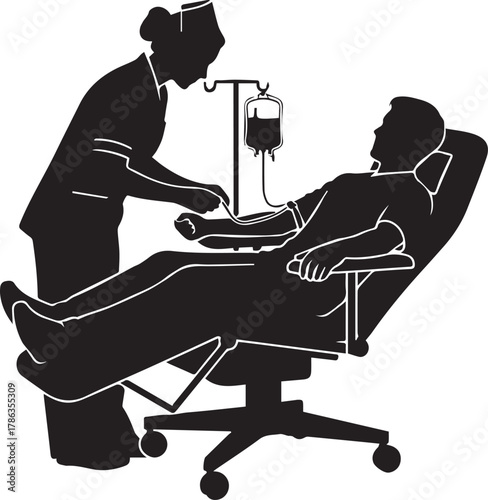 Nurse administering iv infusion to patient in reclining chair medical care silhouette