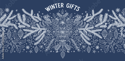 Festive winter gift border with snowflakes and ornaments, celebrating the holiday season and seasonal presents