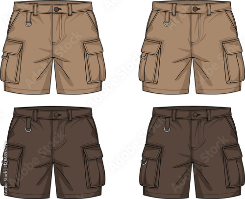 Cargo shorts, belt loop, button closure, flap pockets, D-ring detail, brown tones, men’s fashion, summer wear, apparel flat lay, textile design, clothing mockup