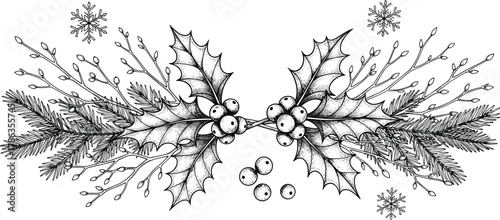Hand-drawn Christmas decoration with holly, berries, and fir branches. A vintage winter sketch for festive holiday designs