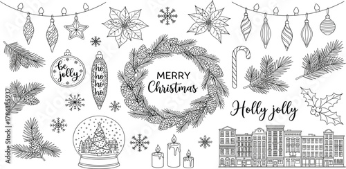 Christmas Holiday Decorations Festive Illustrations of Ornaments, Wreaths, and Seasonal Elements