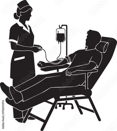Nurse attends patient receiving blood transfusion in reclining chair medical care concept