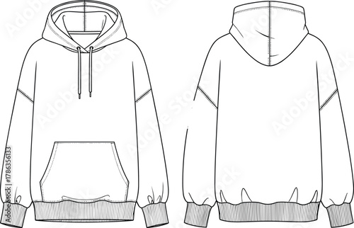 Vector technical flat sketch of a relaxed fit hooded sweatshirt, front and back views, with drawstring and kangaroo pocket, apparel design template.