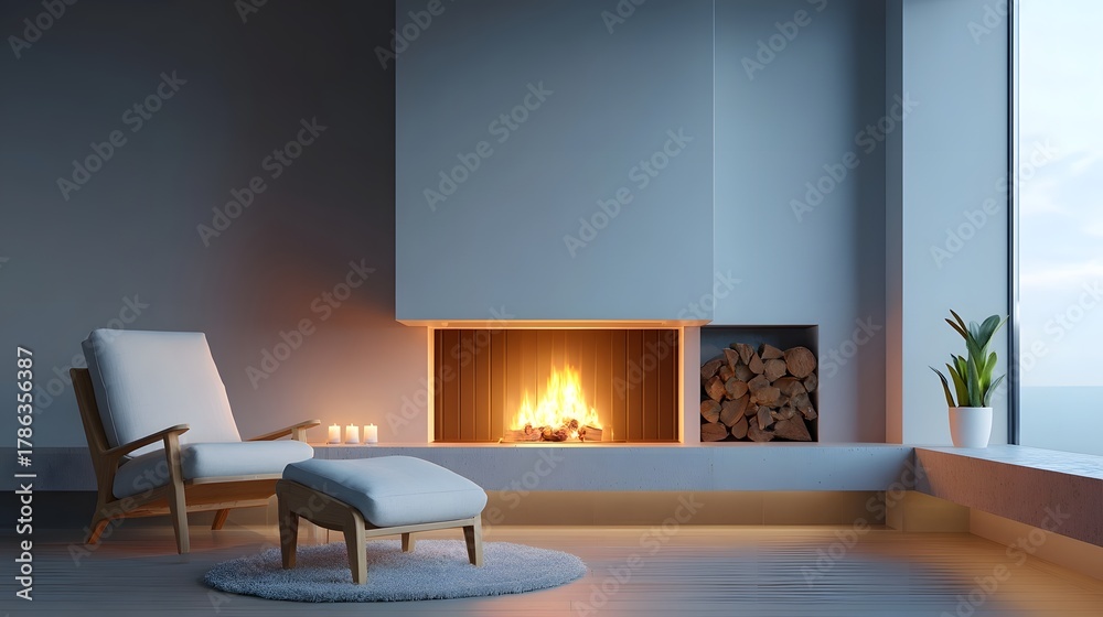 Fototapeta premium A tranquil modern interior with a roaring fireplace plush armchair and ottoman and a large window offering a serene seascape view perfect for a relaxing evening
