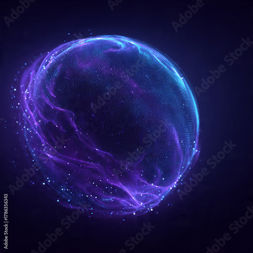 Purple and blue neon sphere with glowing edge particles on dark background, abstract futuristic 3D digital art for cosmic, science fiction and technology design concepts