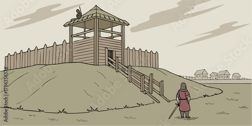 Medieval warrior guarding wooden fortress with watchtower, protecting rural village, historic illustration